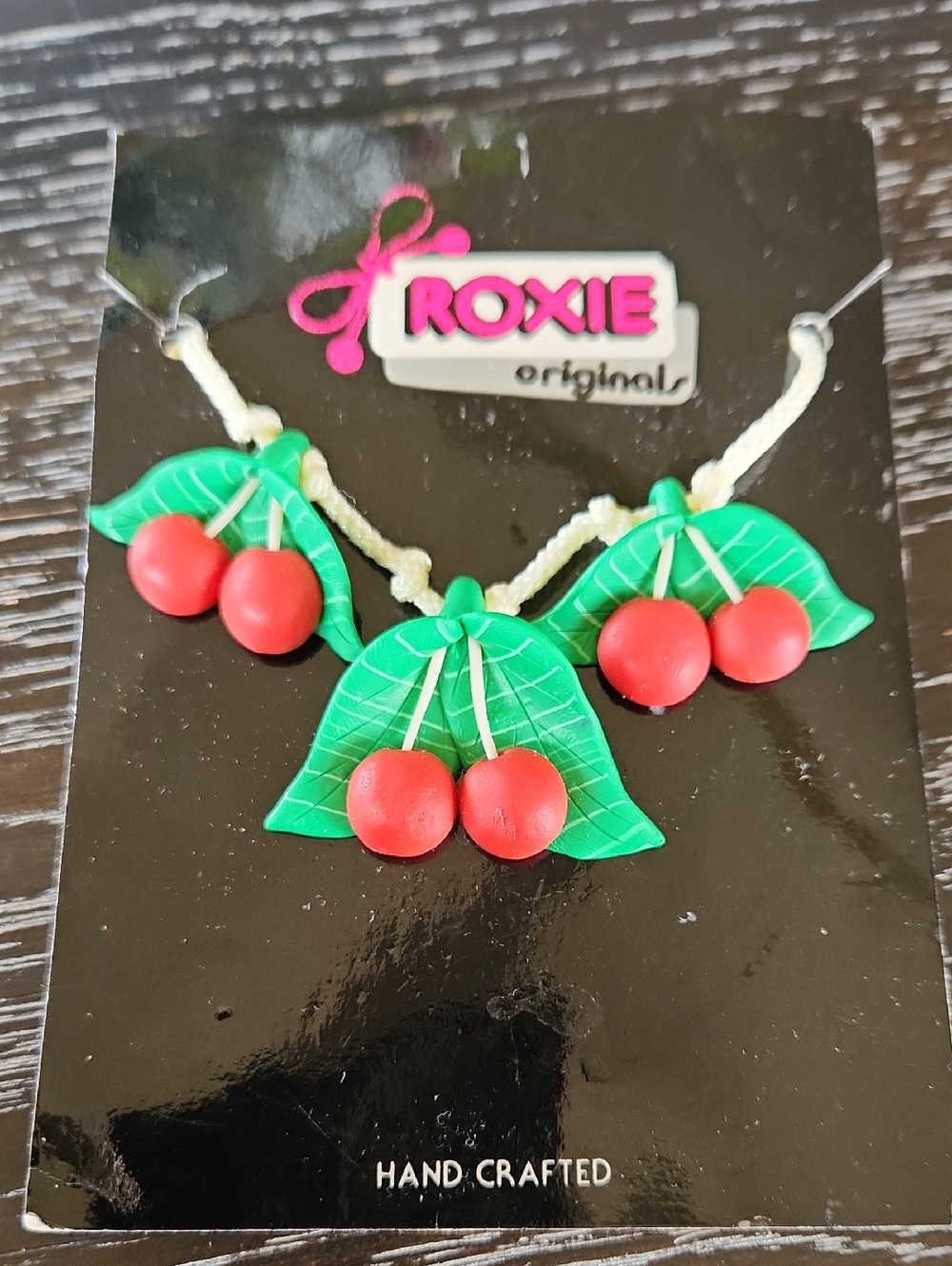 Roxie Originals Cherry Necklace Handcrafted Polymer Clay And Cream Cord NWT